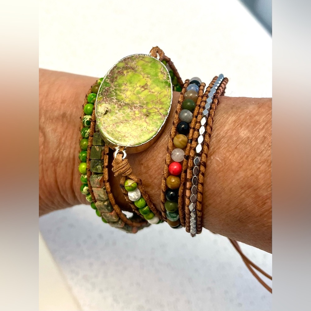Rhodonite & Beaded Braided String Wrap-Around Bracelet-promote Love &Connection